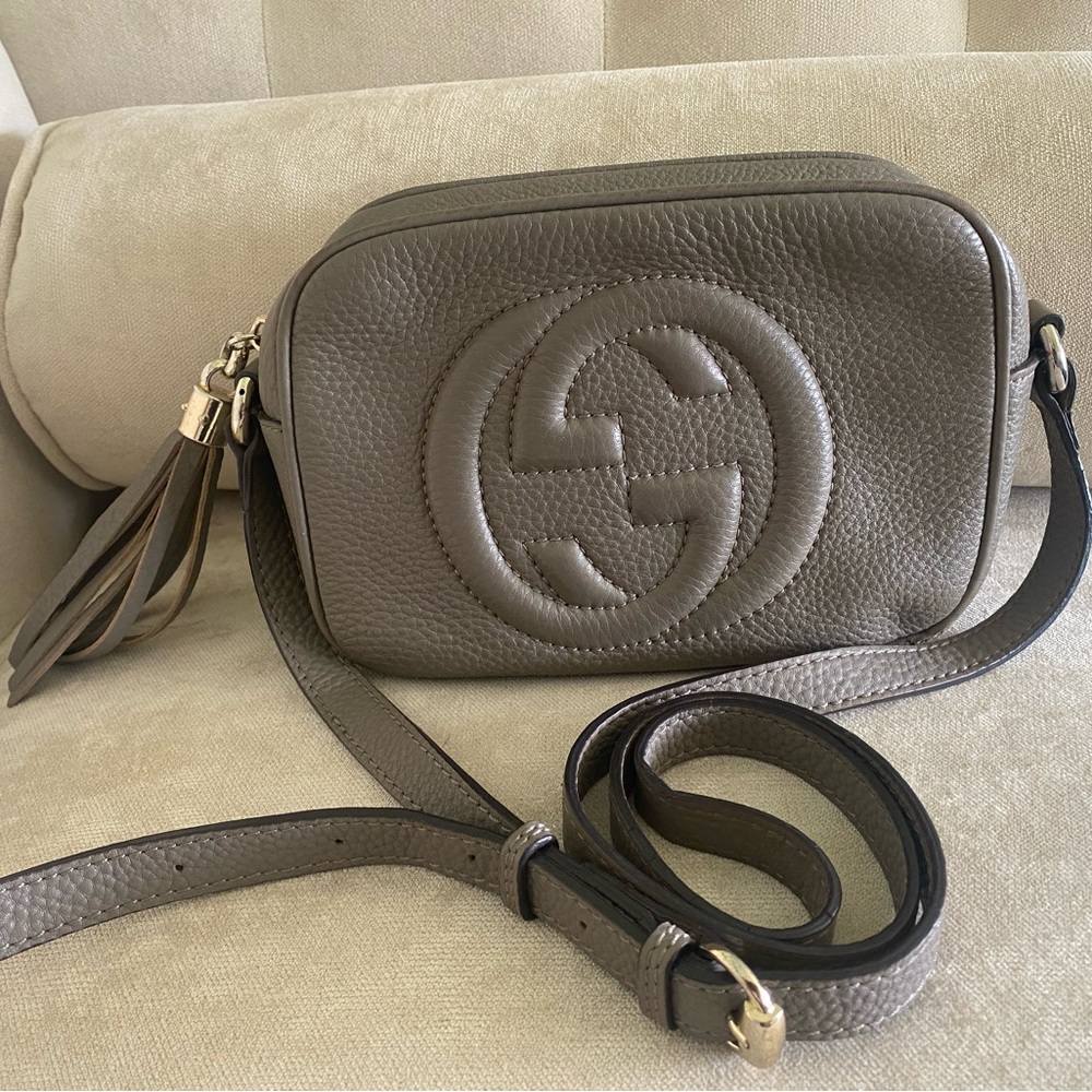 Gucci Taupe Leather Soho Crossbody Bag with Iconic GG Logo Authentic